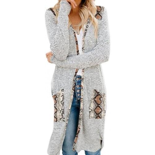 New Autumn Women Cardigan Casual Solid Color Long Sleeve Sweaters Cardigan Leopard Camouflage Pocket Mid-length Coat Winter