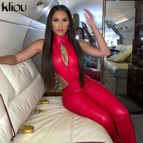 Kliou PU Faux Leather Jumpsuit Women Autumn Sleeveless Jacket Connected Flare Pants Overall Female Hipster Club Attirewear Hot