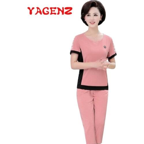 YAGENZ Plus Size Suit Casual Two Piece Set Women Summer Short Sleeve Tshirt And Cropped Trousers Fashion Spliced 2 Piece Set 773