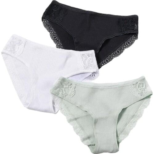 3Pcs Sexy Womens Panties Underpant Solid Color Mid Rise Lace Trim Ribbed Underwear Soft Cotton Briefs High Quality Plus Size