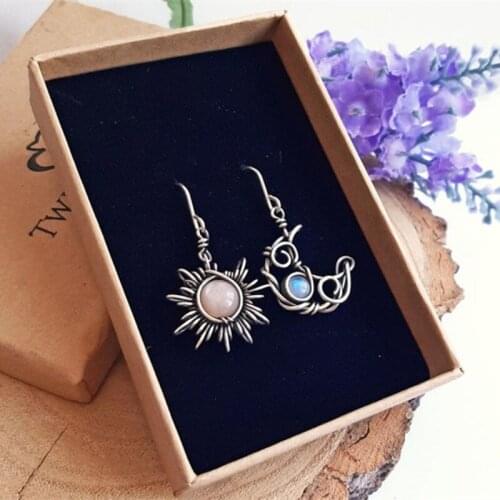 Antiqued Silver Sun and Moon Hook Earrings Bohemia Celestial Moonstone Dangle Drop Earrings Women Boho Fashion Jewelry