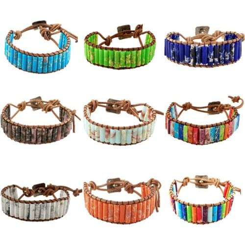 7 Chakra Bracelet Bohemian Handmade Natural Stone Tube Bead Real Leather Wrapped Bracelet Yoga Couple Bracelet Woman