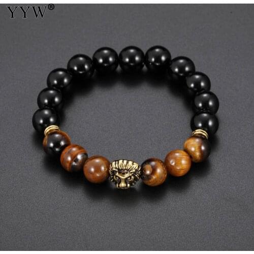 Bracelet Men Luxury Gold Lion Zinc Alloy Charm 10mm Beads Bracelets Male Black Agat Stone Bangles Pulseras Pulseira Masculina