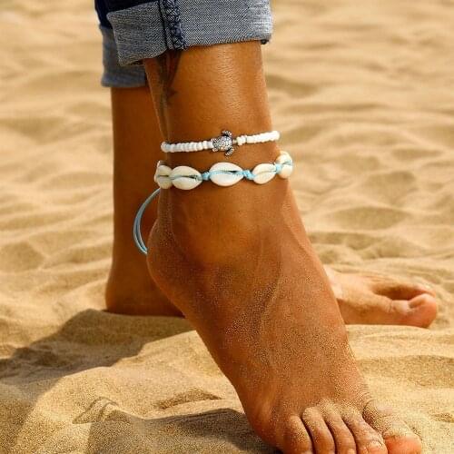 Fashion Blue Rope Shell Anklets Vintage Beads Turtle Charm Anklet On Foot Ankle Bracelets For Women Leg Chain Beach Jewelry