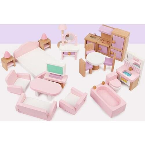 Kids Wooden Simulation Toys Furniture Pink Suit Bedroom Living Room Educational Toys Pretend Play Interactive Cognitive Ability