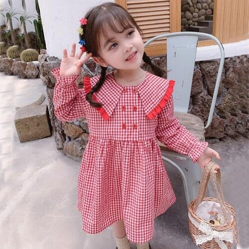 DFXD 2020 Spring New Girls Dresses Korean Children Wood Ear Dress Kids Plaid Double-breasted Baby Dress Toddler Clothes Vestidos