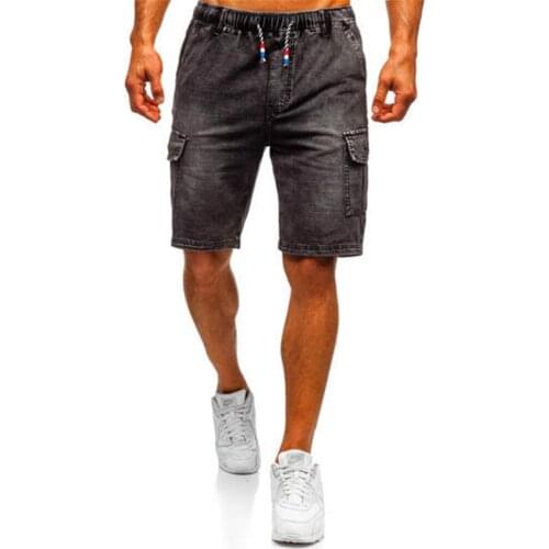 Cotton Elastic Waist Casual Jeans Shorts Men 2021 Hot Sell Solid Color Drawstring Side Pockets Straight Knee-length Denim Shorts