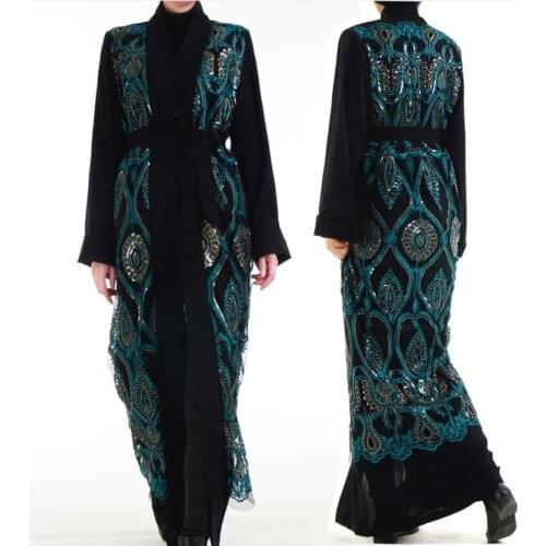 Sequin Cardigan Abaya Muslim Dress for Hijab Islamic Turkse Jurken Tunic Luxury Kaftans Robes Femme Marocaine Black Open Abaya
