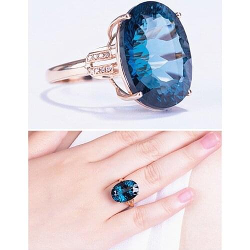 Classical big oval blue crystal topaz sapphire gemstones diamonds rings for women 14k rose gold color jewelry bijoux party gifts