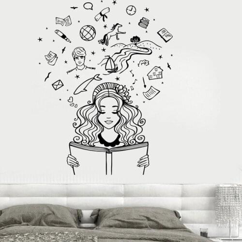 Beautiful Girl Wall Sticker Reading A Book Vinyl Decal Girls Room Wall Decoration Imagine Fantasy Fairy Tale Home Decor Romantic