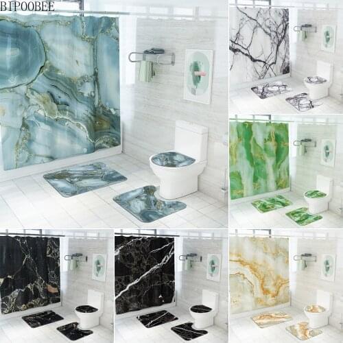 Marble Print Bathroom Shower Curtain Set Modern Bath Curtains Durable Bath Mat Pedestal Non-slip Carpet Flannel Toilet Lid Cover