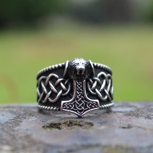 Viking Mjolnir Thors Hammer Celtic Knot Ring Mens Nordic lion Stainless Steel Rings Amulet Jewelry