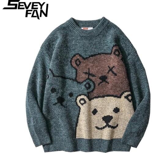 SEVEYFAN 2021 Cartoon Bear mens Sweater Winter Men Clothing Fashion Long Sleeve Knitted Pullover Sweater New Cotton Coat