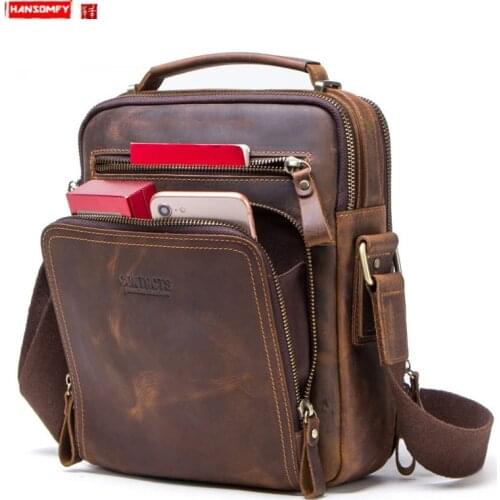 New Genuine Leather Handbags Men Shoulder Messenger Bag Crazy Horse Cowhide Crossbody Mens Bags