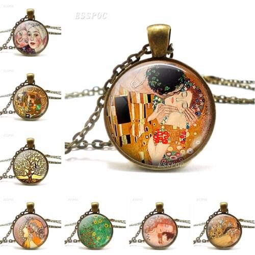 Klimts Mother and Child Necklace Glass Cabochon Jewelry Bronze Necklace Art Handcrafted Pendant Women Mother Days Gift