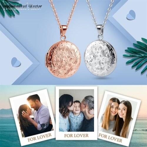 Personalized Master Customized Name Birth Date Openable Retro Round Flower Frame Photo Box Pendant Necklace DIY Birthday Gift