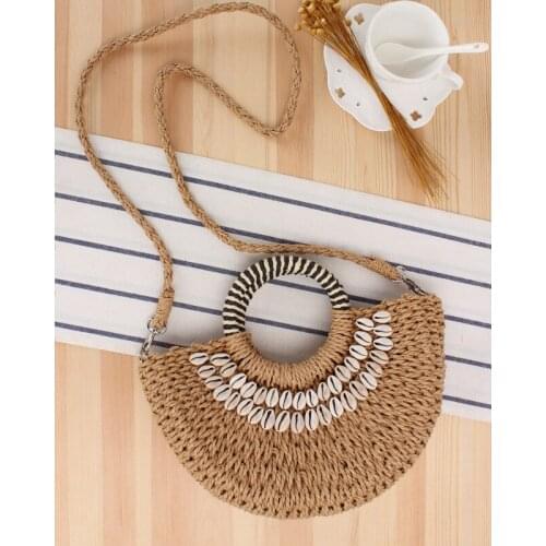 Simple Style Semicircle Hand Carrying Straw Hand Sewing Natural Shell Holiday Woven Vacation Womens Bag