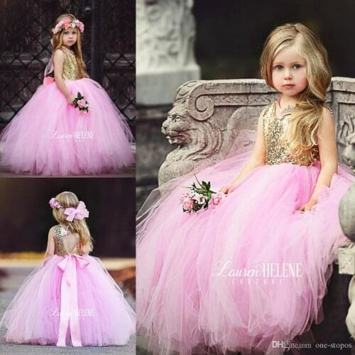 Puffy Pink Tulle Little Girls Pageant Dresses Top Gold Sequin Floor Length Flower Girl Dress Bow Sash Formal Kids Ball Gowns 202