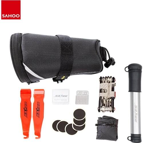 Sahoo 21929 Multi-function 11 in 1 Cycling Bike Bicycle Repair Tool Kit Set with Saddle Bag Air Pump Tire Lever Metal Rasp Patch