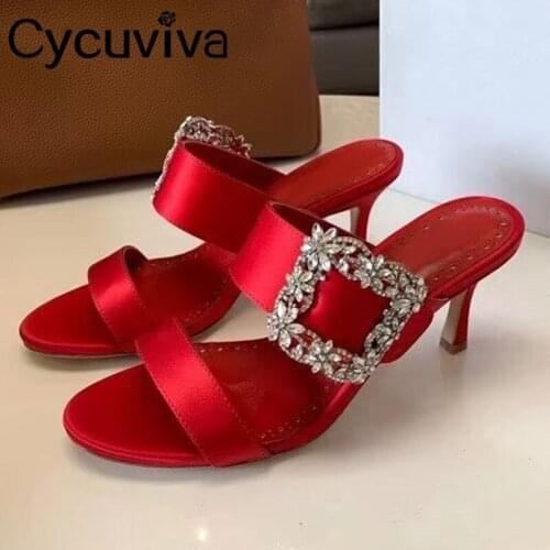 Sexy Crystal Buckle High heel Slippers Women Red Blue Silk Summer Sandals Peep Toe Runway Shoes Rhinestone Party Shoes Woman