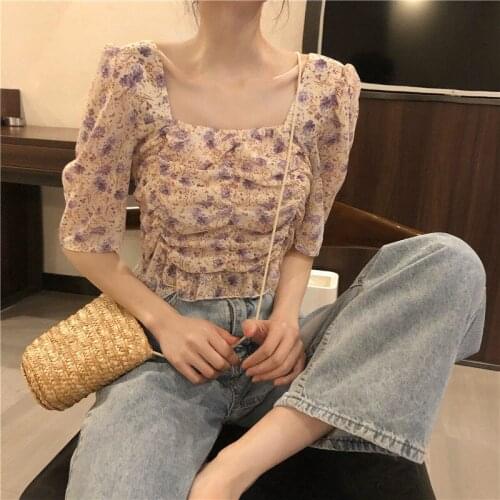 Summer Floral Chiffon Shirt Womens Folds Square Collar Crop Top 2021 New Short Puff Sleeve Ruched Blouse Blusas Mujer Y735
