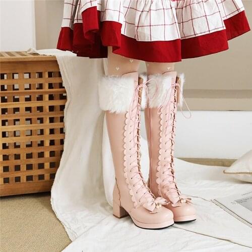 YQBTDL 2021 Winter Warm Cute Girl Bow Cosplay Princess Lolita Shoes Cross Tied High Heel Knee High Womens Boots Pink White 43 42