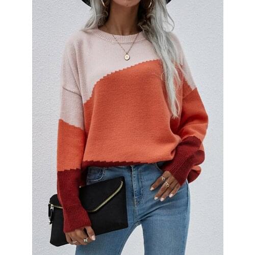 Autumn Long Sleeve Hollow Out Splicing Color Knitted Sweaters O-Neck Tops Loose Cardigan Womens Sweater 2021