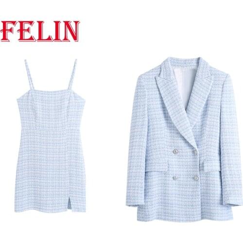 FELIN Za Office Lady 2021 Plaid Blazer Women Vintage V Neck Double Breasted Oversized Long Jackets Women Pockets Elegant Blazer