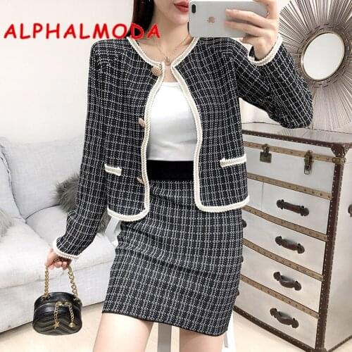 ALPHALMODA 2019 Autumn Women Fashion Knitting Cardigans + Skirt 2pcs Suit Long-sleeved Single Breasted Elegant Female Knit Set