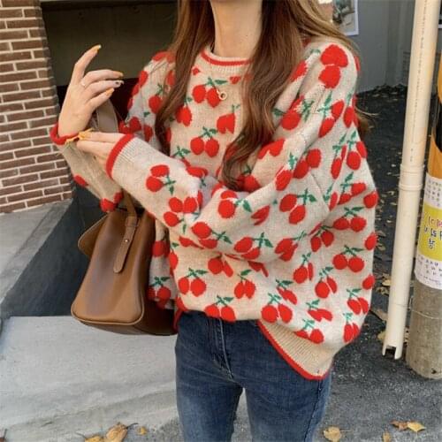 2021 Fall/Winter Womens New Year Clothes Knitted Pullover Cherry Sweater Long Sleeve O-Neck Casual Sweet Rally Loose Pullover