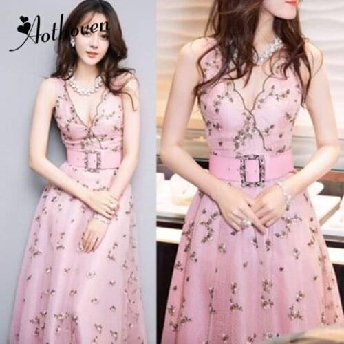 Spring Maxi Embroidery A Line Dress Women Sleeveless V Neck Pink Bandage Dress Office Lady Vestidos Elegant Sexy Party Dresses