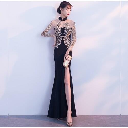 Evening Dress Hollow Split Women Party Dresses Full Sleeve Elegant Robe De Soiree 2019 High Collar Appliques Formal Gowns F192