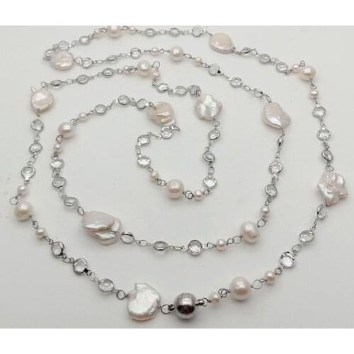 42" Cultured White Keshi Pearl White Gold color Plated Cz Pave Chain Long Necklace & pendants womens clothing accessories