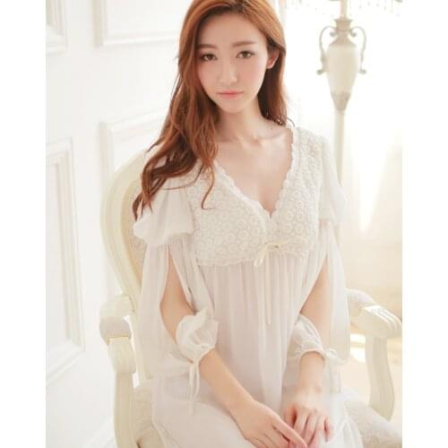 Free Shipping 100% Cotton Princess Pijamas Long White Nightdress Womens Nightgown Silk Sleepwear Autumn pijama feminino