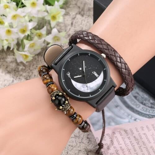 Fashion Watch for Men Quartz Wristwatches with 2 Bracelet Set Leather Band Watches 2021 Luxury Gift for Boyfriend