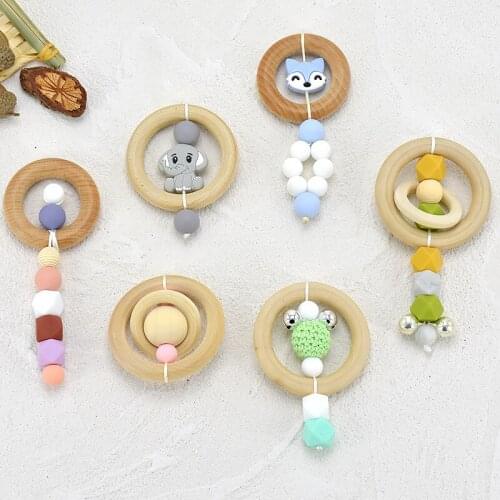 Baby Wooden Teethers Baby Play Toddler Hanger Rattle Wood Ring Teething Pacifier Clip Toys Nipple Chain Accessories BPA Free