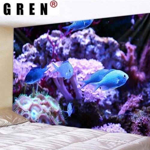 GREN Fish Coral Reef Underwater World Tapestry Hanging Rugs Background Cloth Beach Mat Blanket Art Bedroom Living Decor