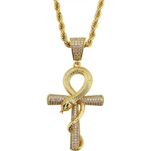 Iced Out Cubic Zirconia Egypt Ankh Cross Pendant With Snake Charm Necklaces Hip Hop Crystal Jewelry For Men Gift
