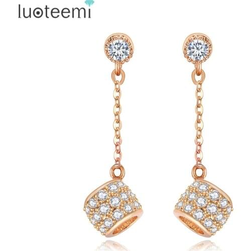 LUOTEEMI New Elegant Korea Style Round Ball Pendant Drop Earrings Champagne Gold Color Clear CZ Brincos for Women Party Jewelry