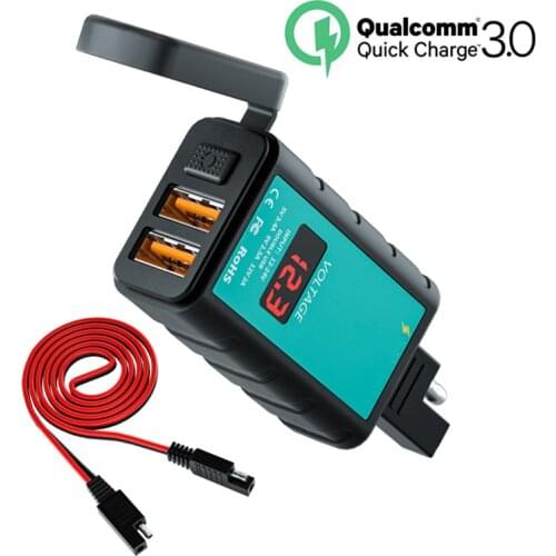 Motorcycle Square Fast Dual USB Charger With Voltmeter Button Switch Integrated SAE Socket 1 Meter Double SAE Socket Cable