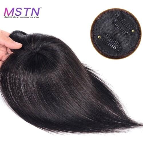 MSTN Straight Synthetic Protein Silk Hair Top Piece Closure Toupee Hair Hand-made Natural Black Topper Hairpiece with Bang