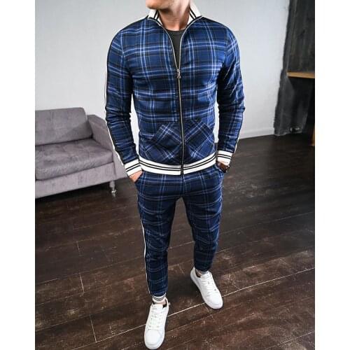 Mens Casual Sport Suit Autumn Thin Zip-Up Coat Pants Crossfit 3D Printed Suits Camping Fashion Grid men Streetwear Tracksuit