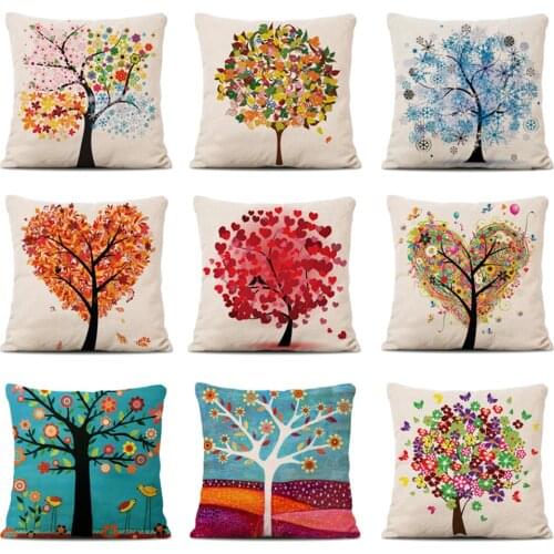 Hand-Painted Classical Style Tree Flowers 45*45CM Cushion Cover Cotton Linen Throw Pillow Car Home Decor Decorative Pillowcas