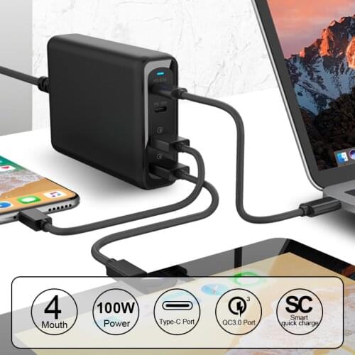New Design 3in1 Dual 100W USB-c PD QC3.0 Wall Quick Charger PD Charger with Full speed Compatible with Type-C