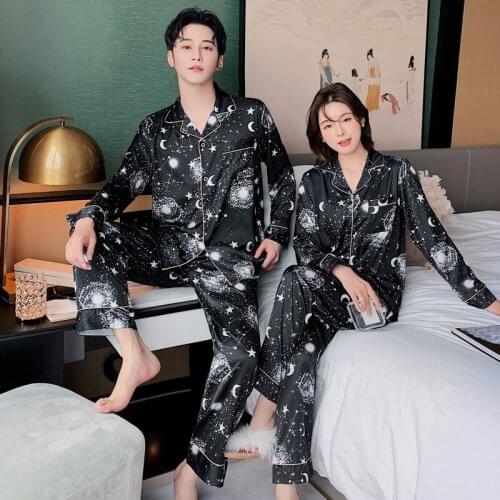 Black Couple 2PCS Satin Pajamas Set Spring Autumn Loose Home Wear Full Sleeve Shirt&Pant Pyjama Loose Star Moon Pint Sleepwear