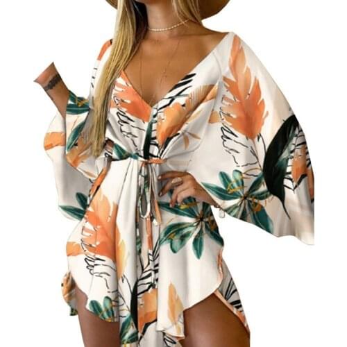 Sexy V-neck Bat Sleeve Lace-up Irregular Dress Women Party Wear Vestidos Printed Fashion Summer Mini Dress Birthday Outfits