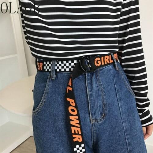 Fashion Harajuku Girl Power Women Belt Double D Ring Buckle 130cm Long Strap Female Letter Printing Canvas Belts For Jeans 123