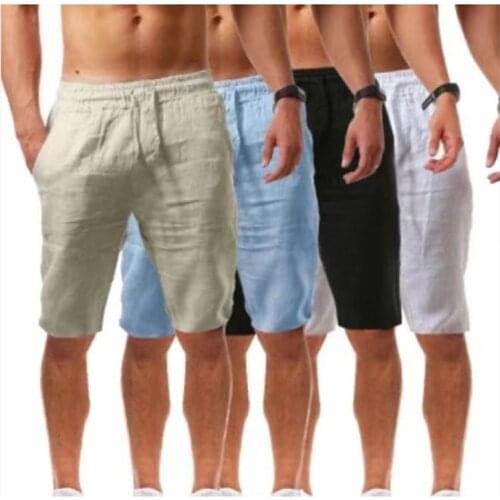 Summer Mens Knee Length Casual Shorts Linen Thin Breathable New Solid Elastic Waist