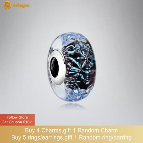 Volayer 925 Sterling Silver Beads Wavy Dark Blue Murano Glass Ocean Charms fit Original European Bracelets Women Jewelry Making