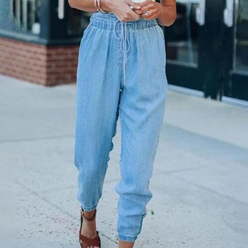Women Casual Jeans Ladies Loose Jeans Casual Drawstring Lacework Elastic Waist Pants Ladies Solid Color Denim Trousers Female